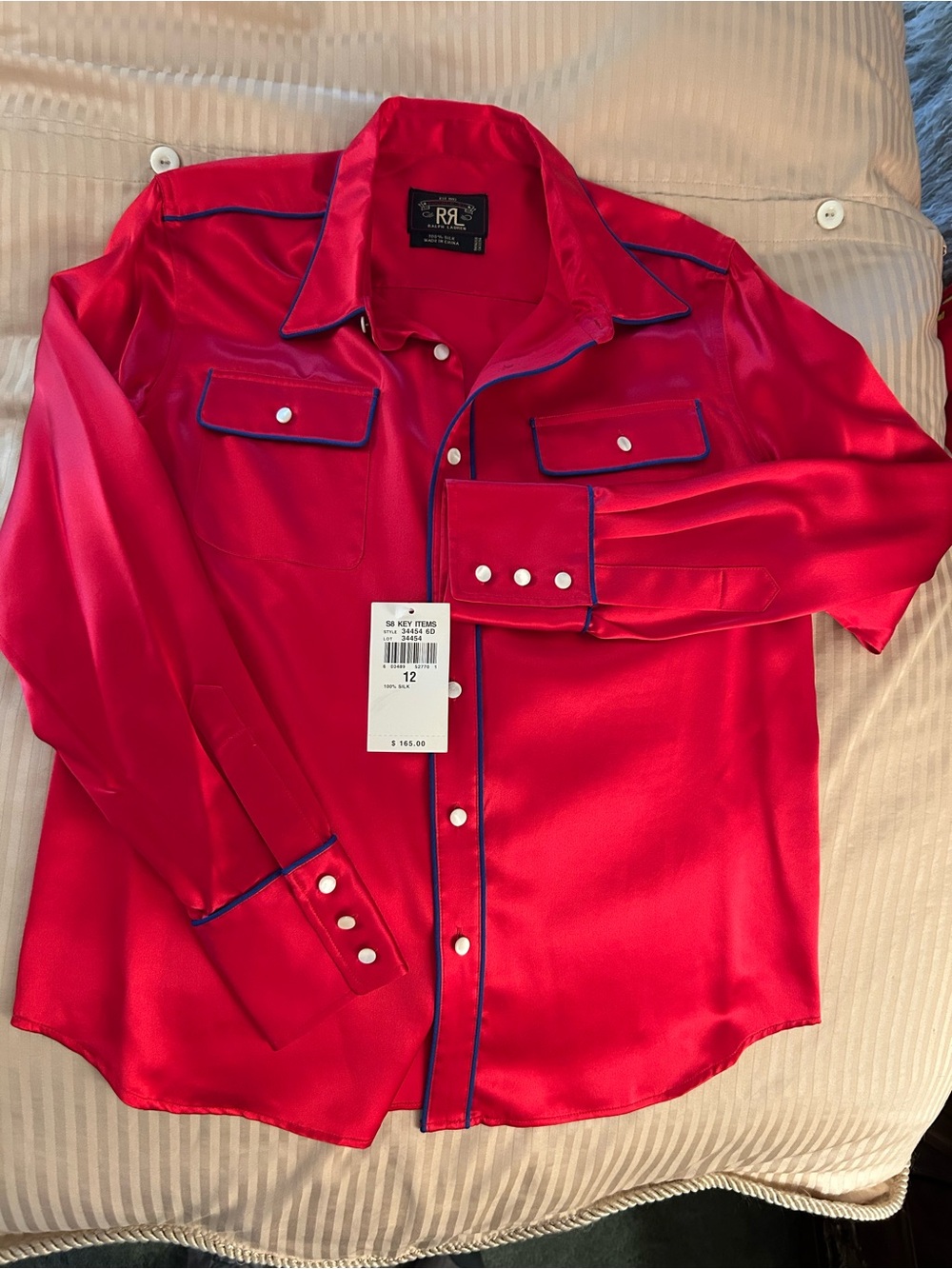 Ralph Lauren Double RL Red Satin Button-Down Shirt with Blue Piping